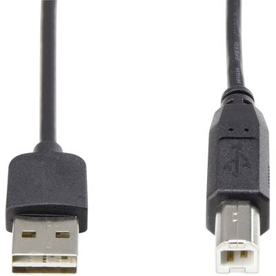 A black USB cable with a USB-A plug on the left and a USB-B plug on the right, on a white background.