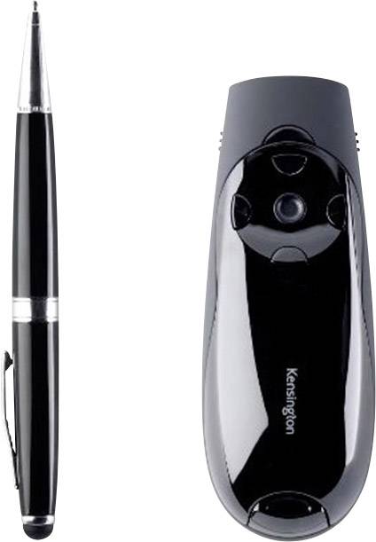 Black pen and black presentation device. The pen has a silver accent, the device has round buttons and a brand name.