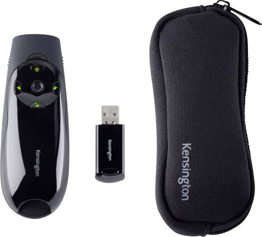 Presentation remote control with black casing, USB receiver, and black carry case.