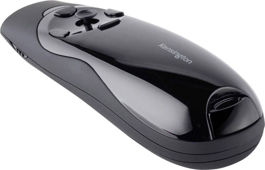 A black Kensington multi-button remote clicker is lying on a white surface.
