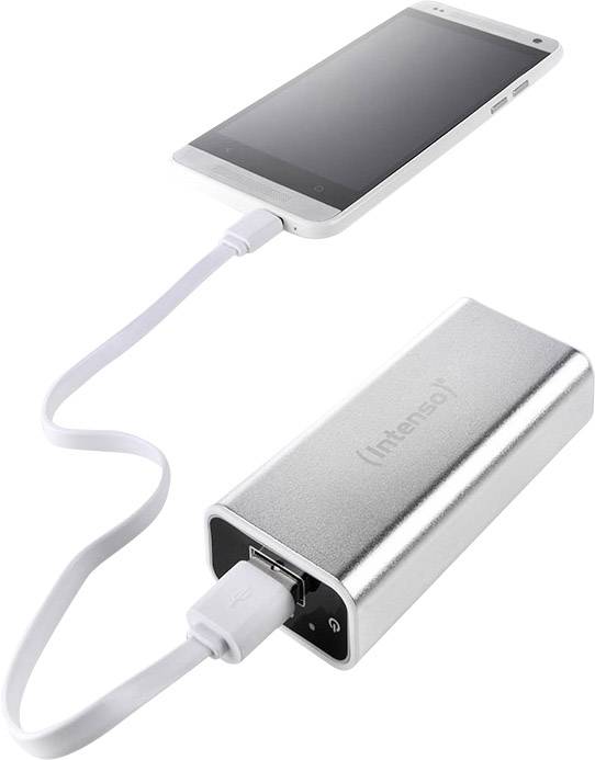 The smartphone is being charged with a silver external battery.