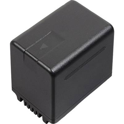 A black rectangular camera or video camera battery with an arrow on the top surface, indicating the charging or insertion direction.