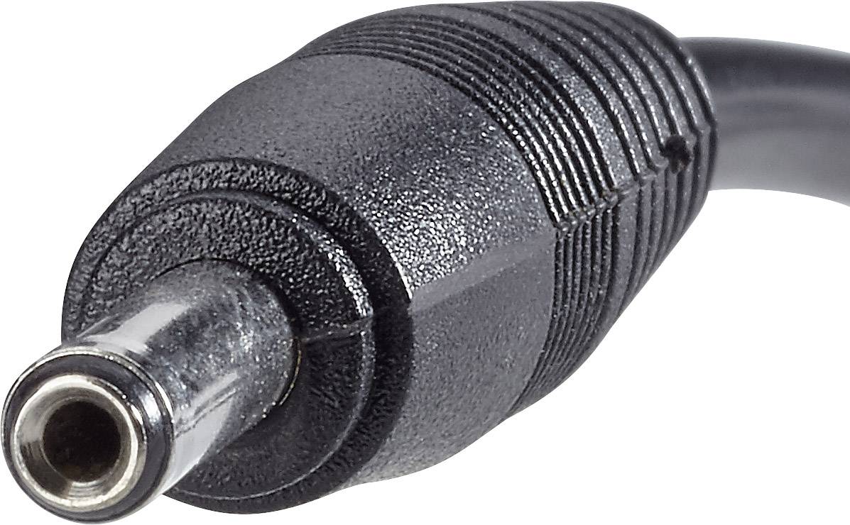 Close-up of a black power adapter plug with a ribbed surface.