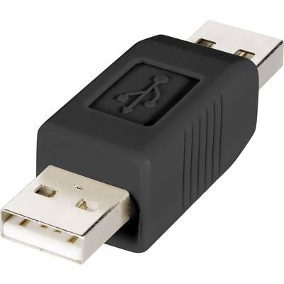 Black USB adapter with two USB-A plugs, positioned left and right. Top side displays the USB symbol.