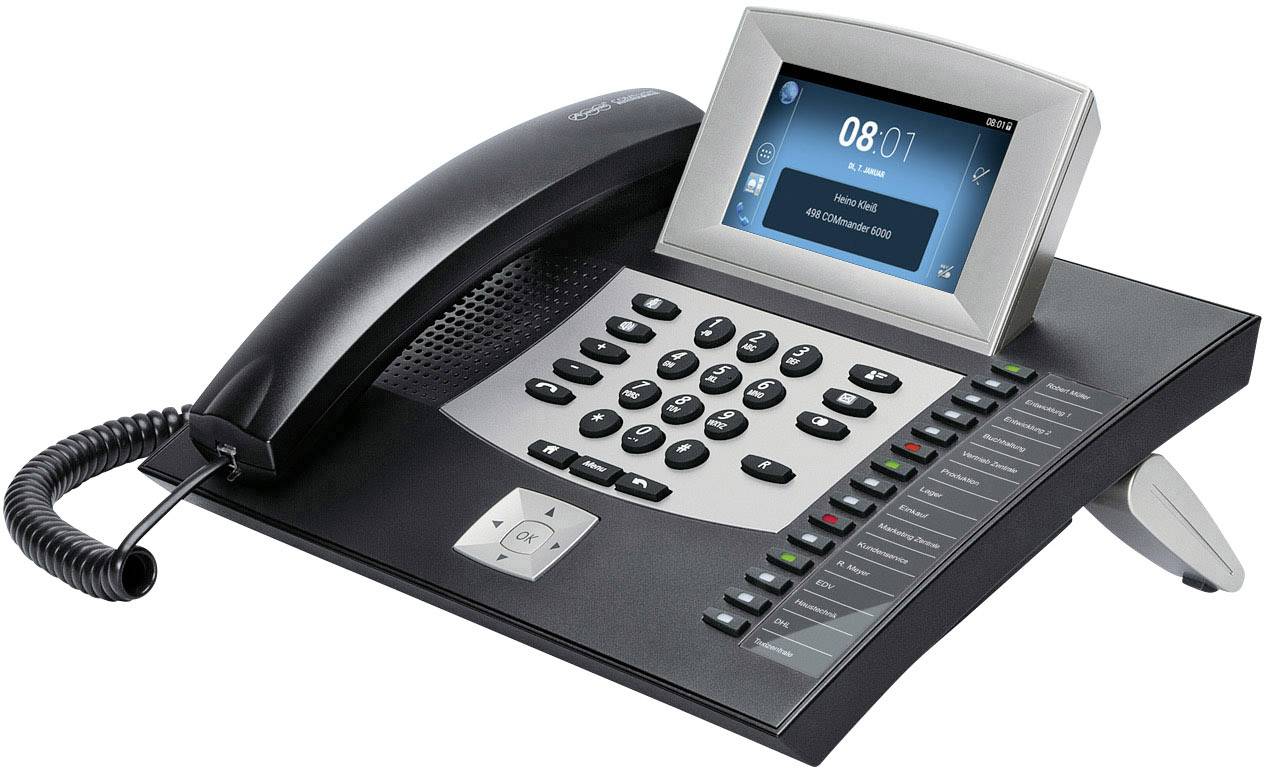 A modern office telephone with a large display and numerous function buttons. Shows the time as 08:01 on the screen.