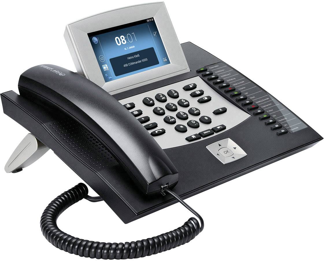 Black desk telephone with keypad, display, and receiver. The display shows '08:01' and 'No missed calls'.