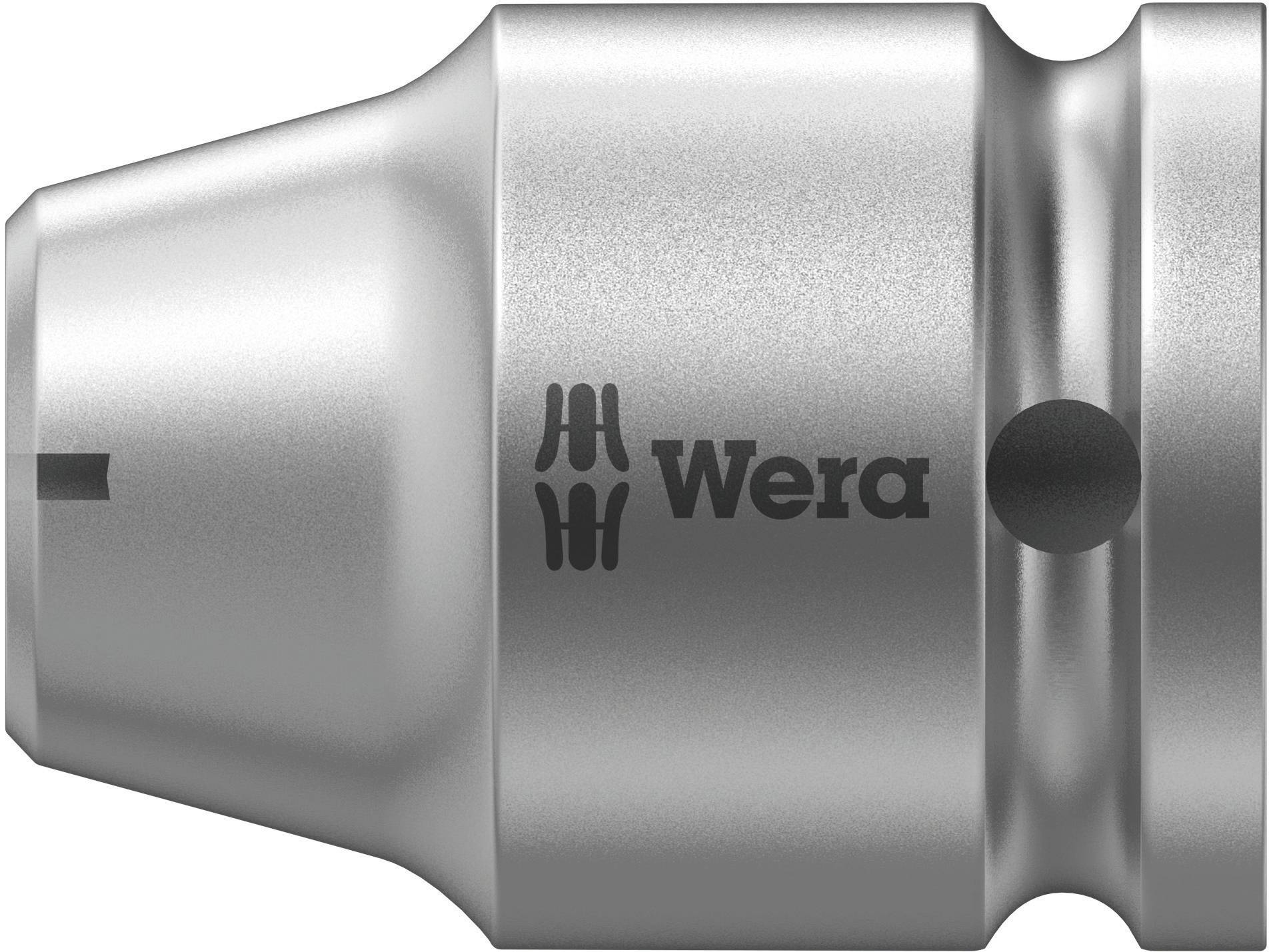 Metallic tool bit with 'Wera' logo, compatible with power tools, robust and functional design for precision.