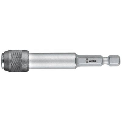 Metal bit holder with a structured grip and hexagonal socket, 'Wera' logo on the side, used for securing bits.