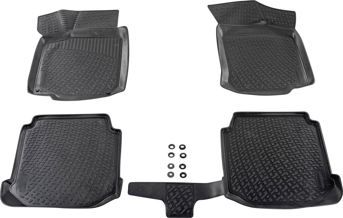 Black rubber car floor mats in four different shapes, arranged on a white background, with twelve small round holders.