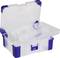Transparent plastic storage box with blue fastening and compartments for storing small items, lid open.