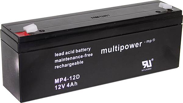multipower MP4-12D A97402 VRLA 12 V 4 Ah AGM (W x H x D) 195 x 76 x 47 mm 4.8 mm blade terminal Maintenance-free, Low self-discharge levels