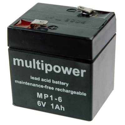 Black lead-acid battery by Multipower, Model MP1-6, 6V 1Ah, maintenance-free.