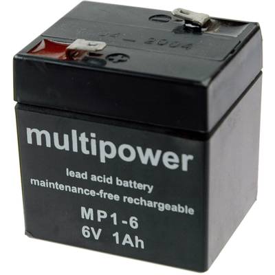 Black lead-acid battery with 'multipower' inscription, '6V 1Ah', suitable for maintenance-free recharging.
