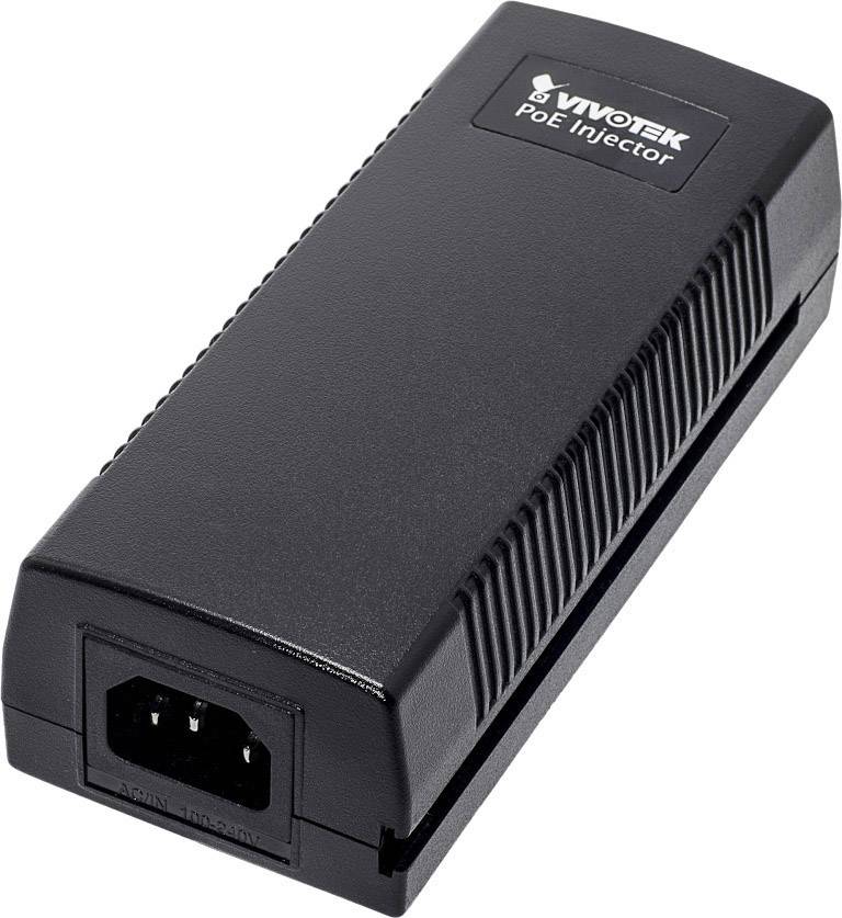 A black PoE injector by Vivotek, used for powering network devices via Ethernet cables.