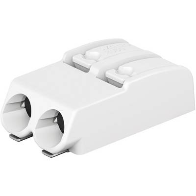 White, two-pole electrical connector with clamping mechanism, used for secure cable connections in electrical installations.
