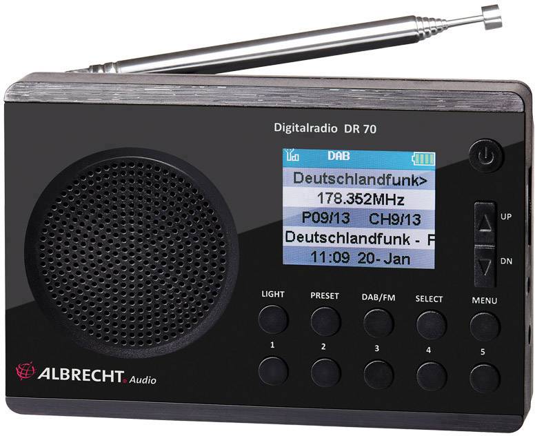 Digital radio with display showing 'Deutschlandfunk 178.352MHz', buttons for station selection, extendable antenna, brand: Albrecht Audio.