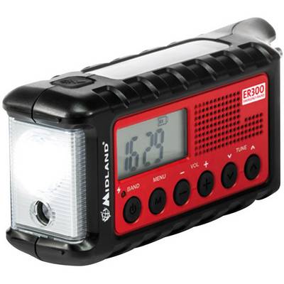 Red and black portable emergency radio with a lamp on the left side, LCD display showing '16:29', control buttons underneath.