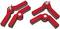 Two red, V-shaped tensioning devices made of plastic with grey rubber inserts, used for securing objects.