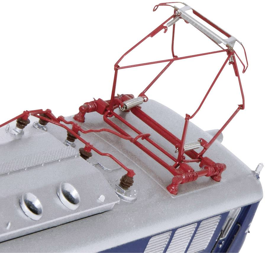 Top view of an electric locomotive shows a red current collector system on the roof of the locomotive with silver-coloured details.