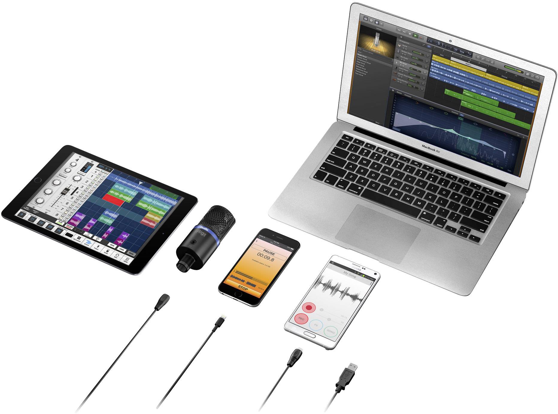 Laptop, tablet, and smartphones connected with audio editing apps, linked to microphone and cables. Representation of music production.