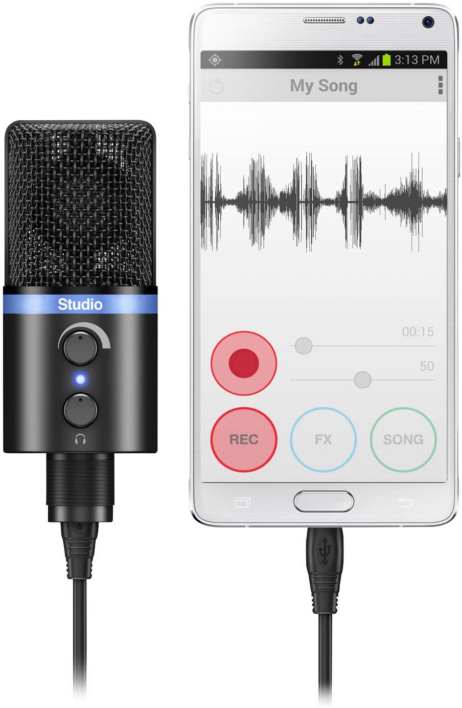 A smartphone displays a music app with an audio waveform and control buttons. Next to it stands a microphone with a black casing.