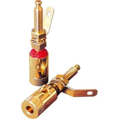 Two gold-coloured banana plugs, one lying down, one standing upright, with red markings and mounting loops. Used in electronics.