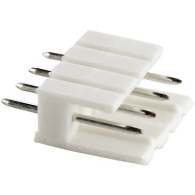 White, rectangular plug connector with multiple metal pins, used for electrical connections on printed circuit boards.