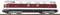 Model railway locomotive in red and white design on a track. The locomotive has a numbered label on its side.