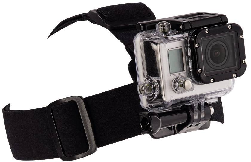 Action camera with black mounting strap and clear casing for versatile filming on the move.