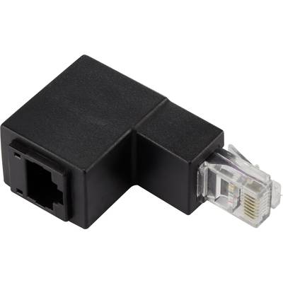 A black Ethernet right-angle adapter with an RJ45 plug and an RJ45 socket for connecting network cables in confined spaces.
