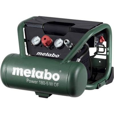 Portable Metabo Compressor, model 'Power 180-5 W OF', with two pressure gauges and a red rotary control knob. Ideal for craft and trade work.