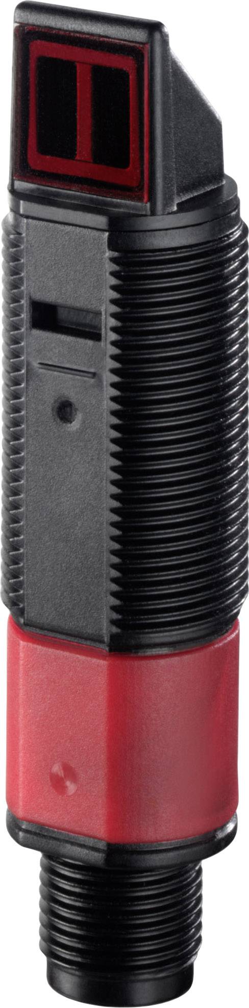 Black cylindrical sensor with red section and thread, suitable for optical detection in industrial applications.