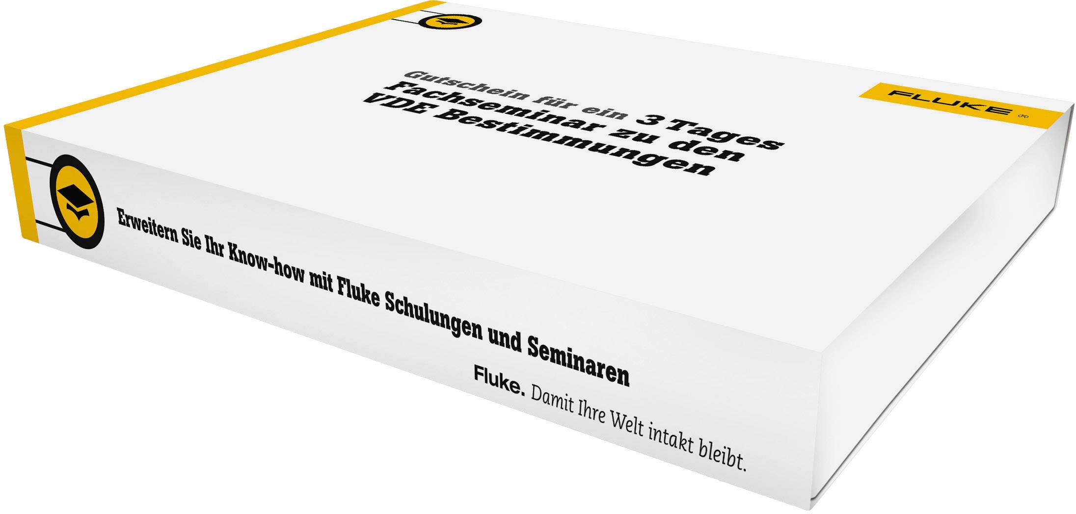 A white envelope with black and yellow text: 'Gift for a 3-Day Participation in VDE Regulations'. Fluke logo visible.