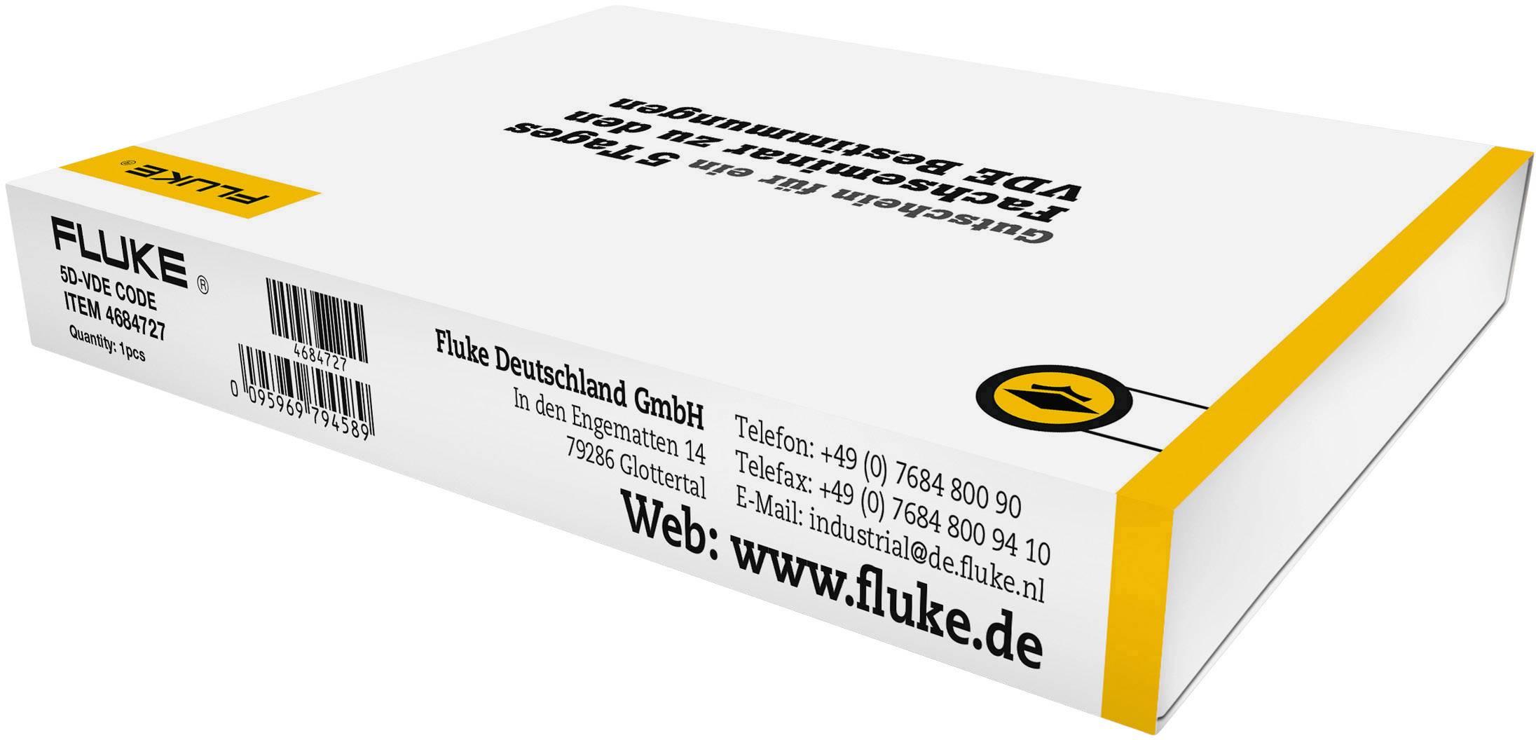 Packaging for a Fluke test probe. Contains contact information for Fluke Deutschland GmbH, including a website and telephone numbers.