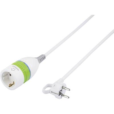 A white extension lead with a green ring and plug adapter. Suitable for various socket types.
