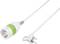 A white extension lead with a green ring and plug adapter. Suitable for various socket types.