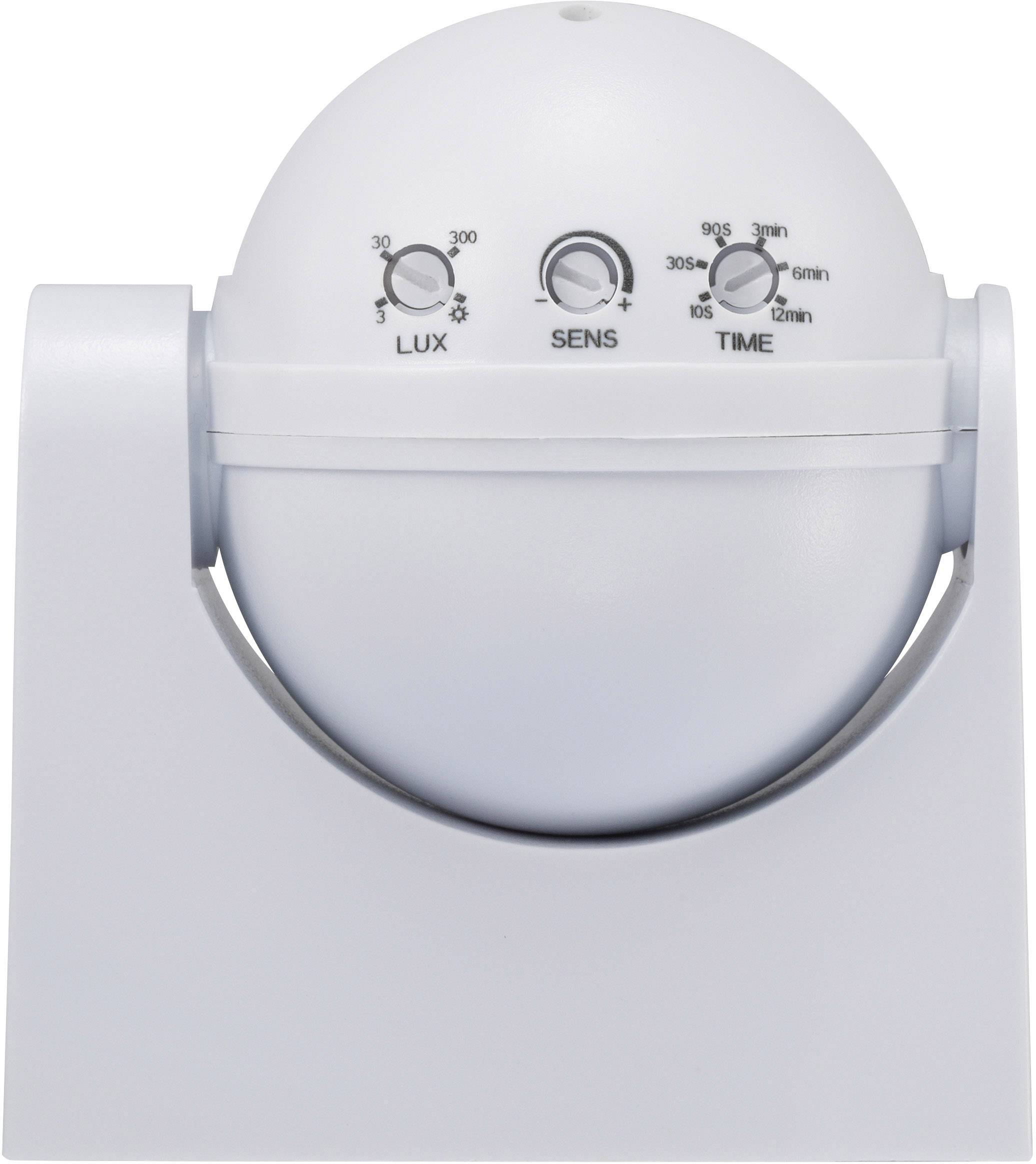 White motion sensor with three rotary controls for 'LUX', 'SENS' and 'TIME' on the front, mounted on a bracket.
