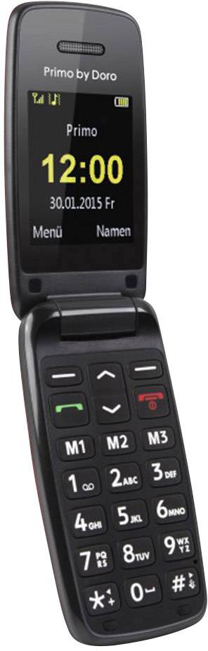 Flip mobile phone with large display and keyboard, shows time and date. Buttons with large digits and symbols, suitable for easy operation.