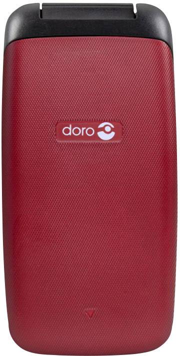 A red flip mobile phone by 'Doro' with a textured back panel.