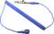 Blue, spiral-shaped cable with crocodile clip and metal ring on white background.