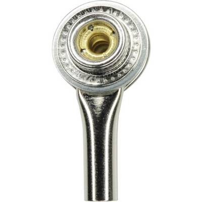 A straight, chrome-plated metal connector with a round, gold-coloured internal thread, used for securing components in technical equipment.