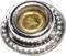 Metallic press stud with a gold-coloured central section, surrounded by a silver, ridged border. Suitable for textiles.