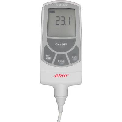 Digital thermometer with display showing 23.1°C. Buttons: 'ON/OFF', 'MIN MAX', 'HOLD', 'CLR'. Brand: ebro. Model: TFX 422.