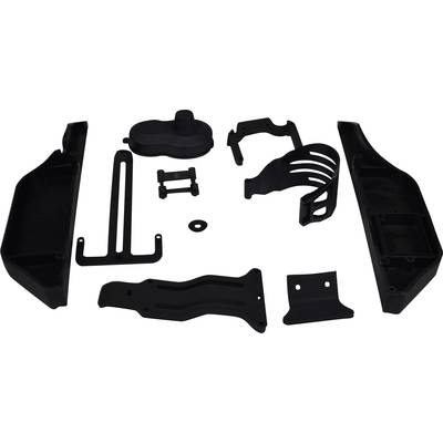 Several black plastic components laid out flat. Different shapes and sizes, potentially intended for assembly.