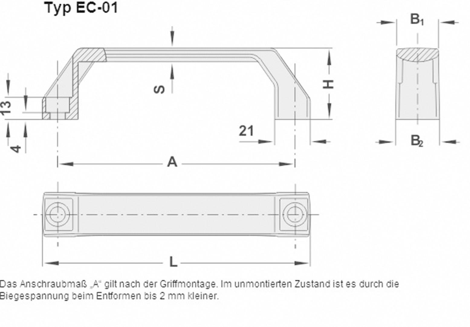Type EC-01: Technical drawing of a handle with dimensions. Shows side view and front view. Note on size for assembly.