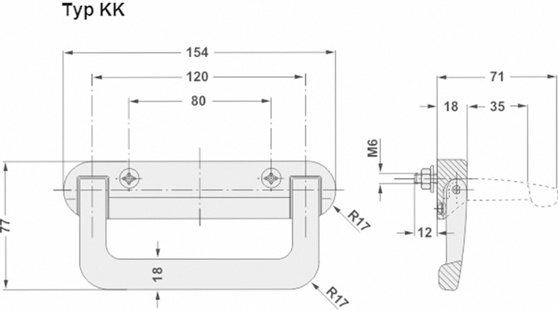 Technical drawing of a handle with dimensions in millimetres: width 154, height 77, handle thickness 18. Side view shows fixing screws.