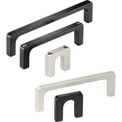 Various sizes and colours of modern cupboard handles, each shown in black and silver, arranged on a light background.