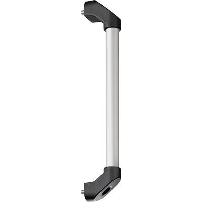 Long metal handle with black plastic ends, suitable for doors or drawers.
