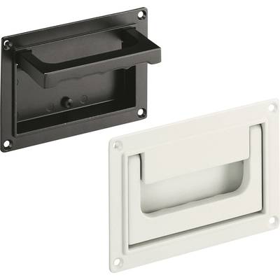 Two flush handles, one black and one white, side by side on a light background. Both handles are rectangular and suitable for doors.