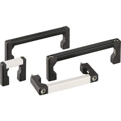 Four black and silver handle pieces in various sizes, diagonally arranged on a white background.